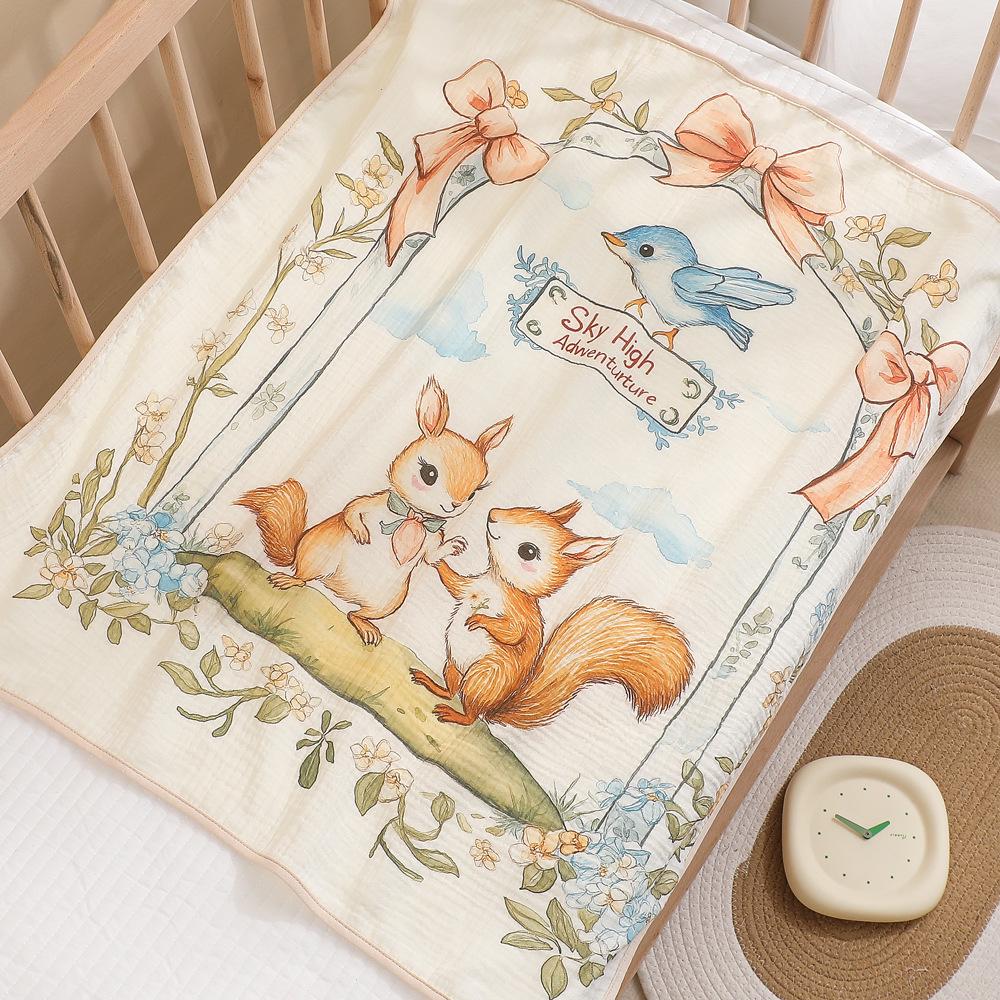 Newborn Cartoon Print Gauze Swaddle Blanket - Two-Layer Infant Wrap, Absorbent Bath Towel