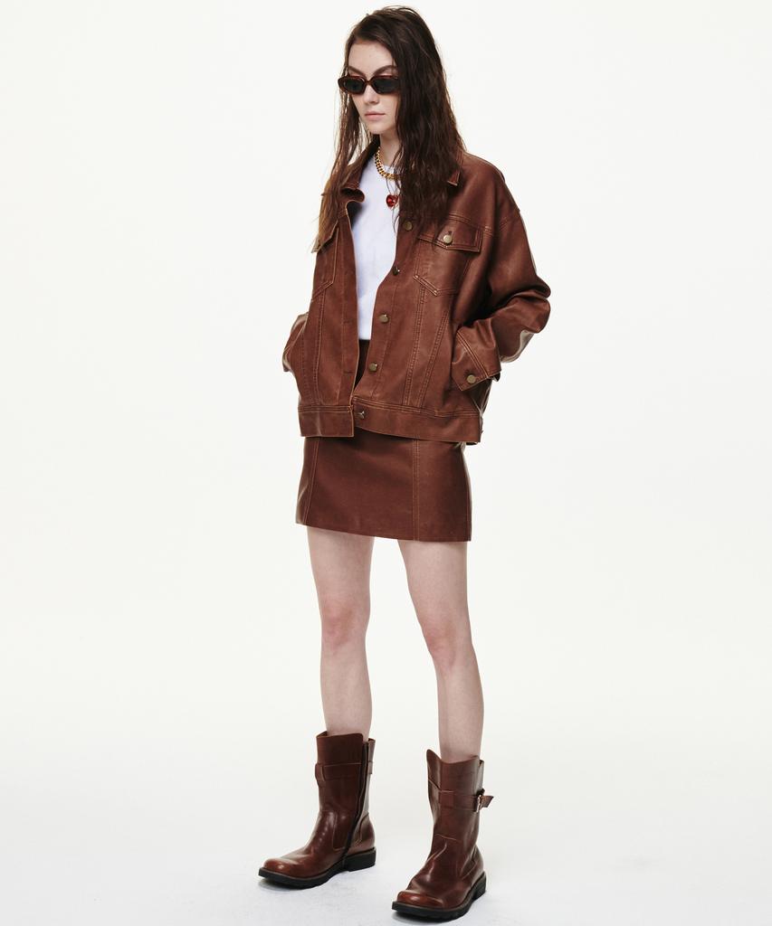 Bikwaieos Faux Leather Washed Mini Skirts_Tan Brown
