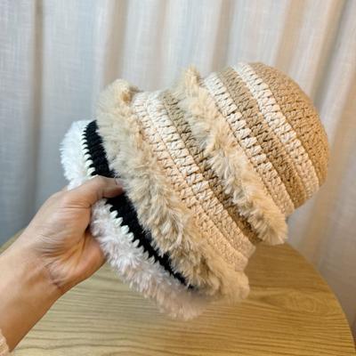 Crocheted Color Blocked Plush Knitted Fisherman Hat for Women In Autumn and Winter Warm and Face Showing Small Woolen Hat Plush Hat