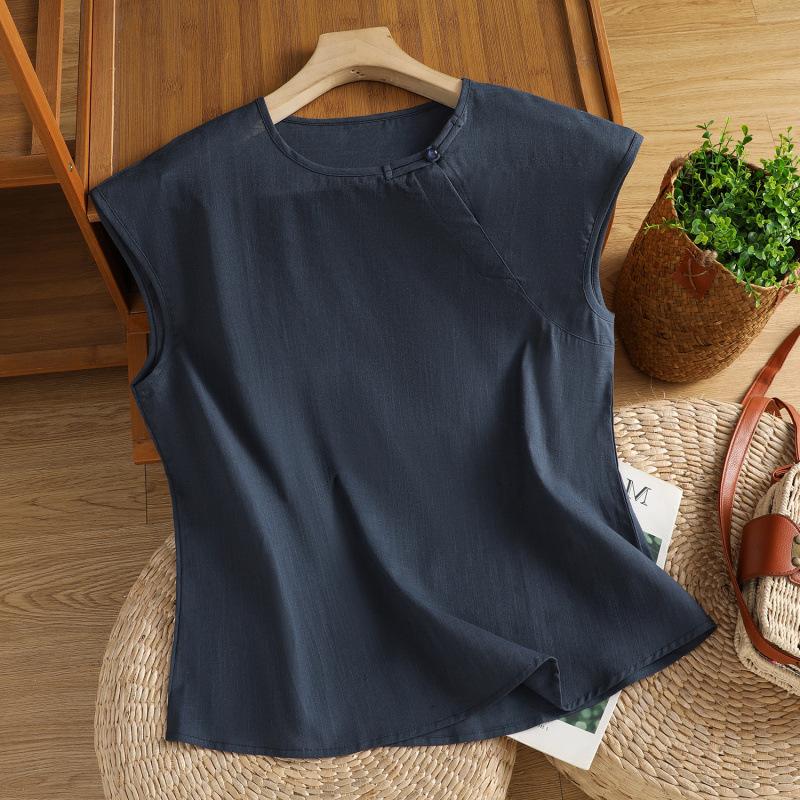 

Summer Retro Shirt Women s Chinese Style Slanted Collar O Neck Pearl Button Vest Temperament Pullover Top Women 2XL темно-синий