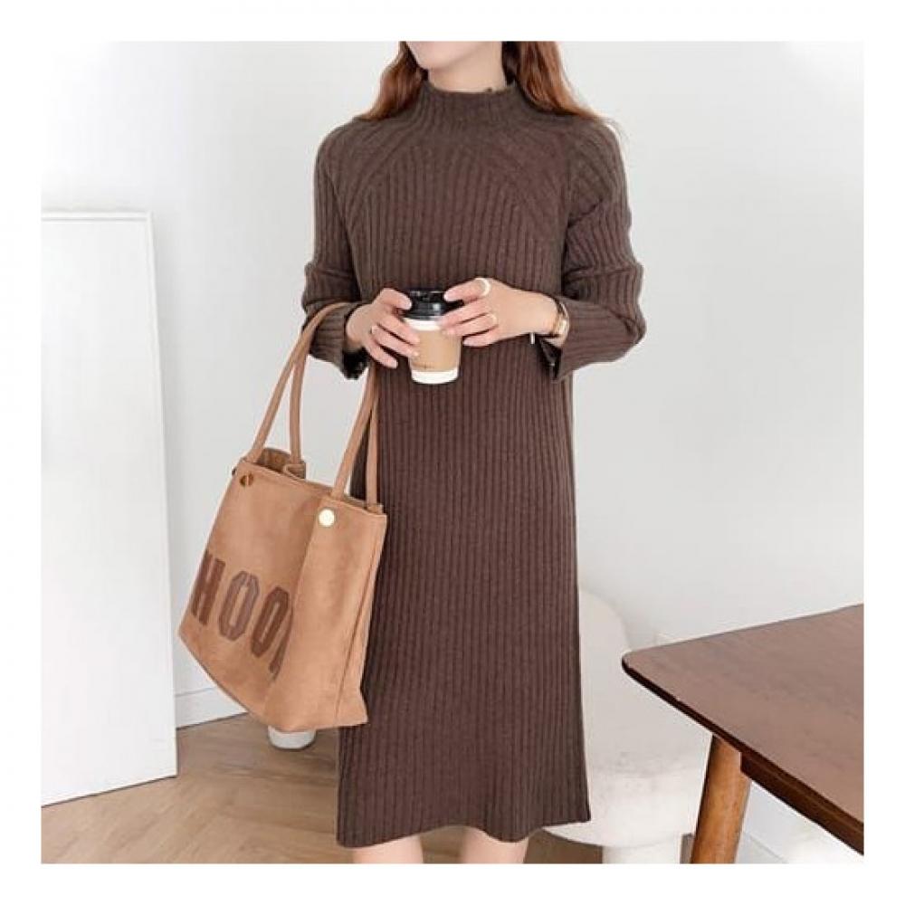 Navava Women No646 Daily Solid Ribbed Half Polo Knit Dress