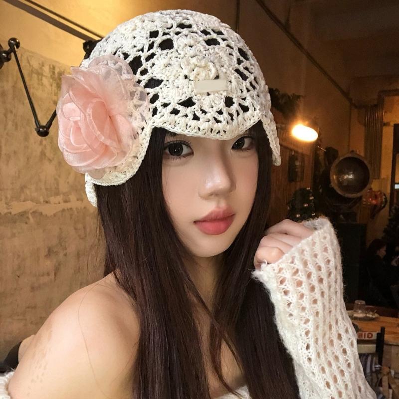 Feminine Openwork Knitted Creative Hat CapIncluding Shaped Dimensional Flowers In Soft Pink Or Beige