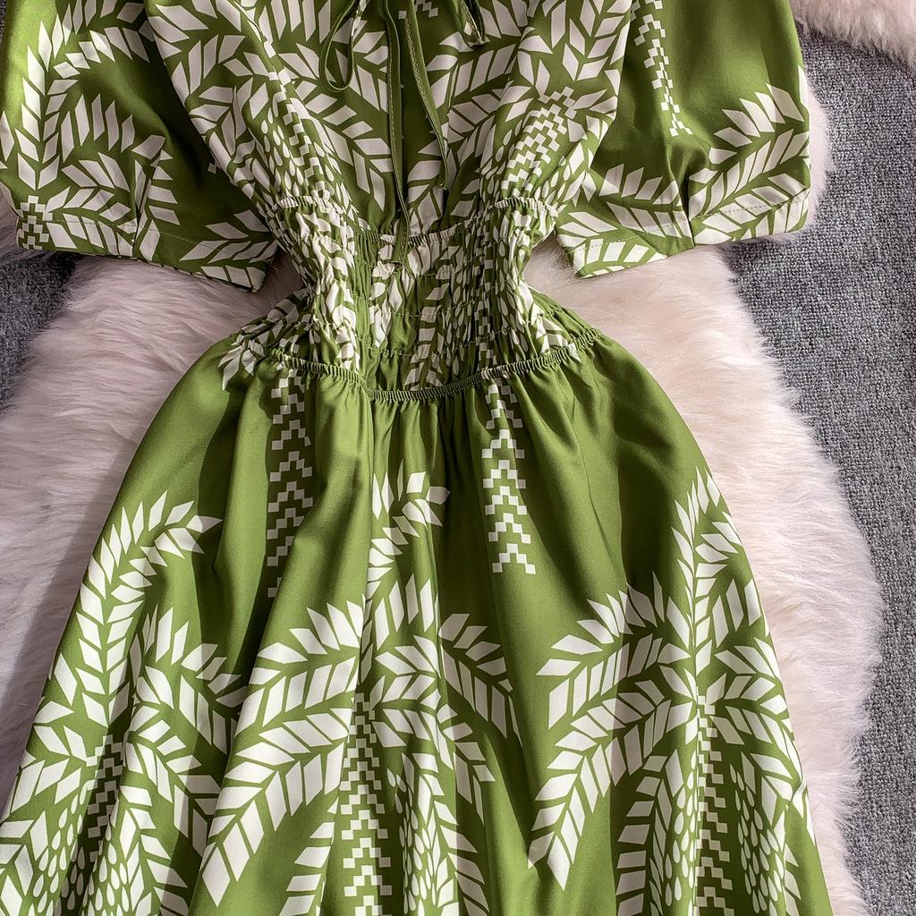 Summer Women Printed Dress V-neck Lace-up Short Sleeved Pleated A-line American Casual Fashion Elegant Female Dresses