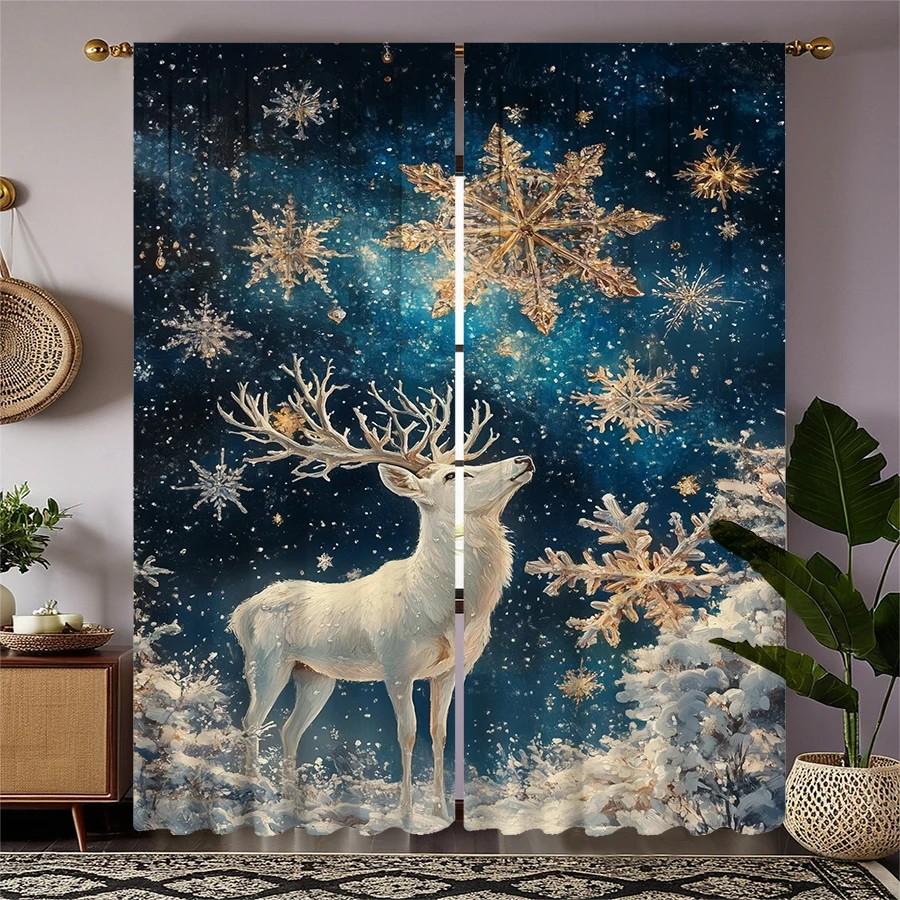

JIT 2pcs Sparkling Snowflake Deer Curtain Winter Window Decor Polyester Rod Pocket Drapes Home Decor 100*130 Grommet Top 1pcs