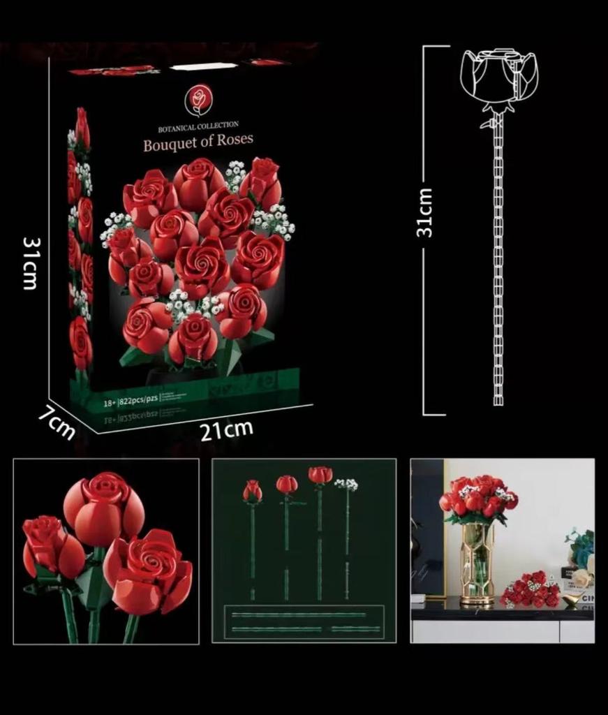 1 set byggbara blomsterbuketter, byggklossar, evig rosmodell för alla hjärtans dag, födelsedagspresent, kreativ heminredning för skrivbord