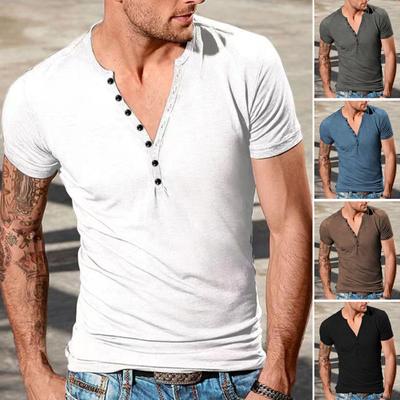 V-Ausschnitt Kurzarm Knöpfe Halbe Knopfleiste Dünnes Herren T-Shirt Sommer Einfarbig Slim Fit Sport Top Streetwear