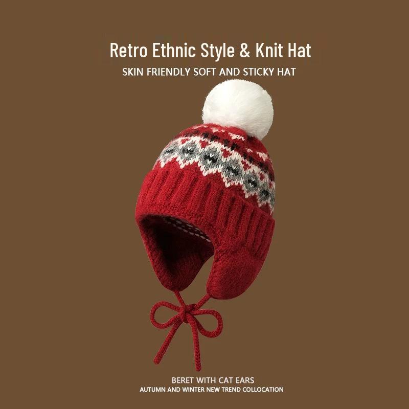 Women's Fair Isle Earflap Woolen Beanie - Thick, Warm, and Trendy for Autumn & Winter.