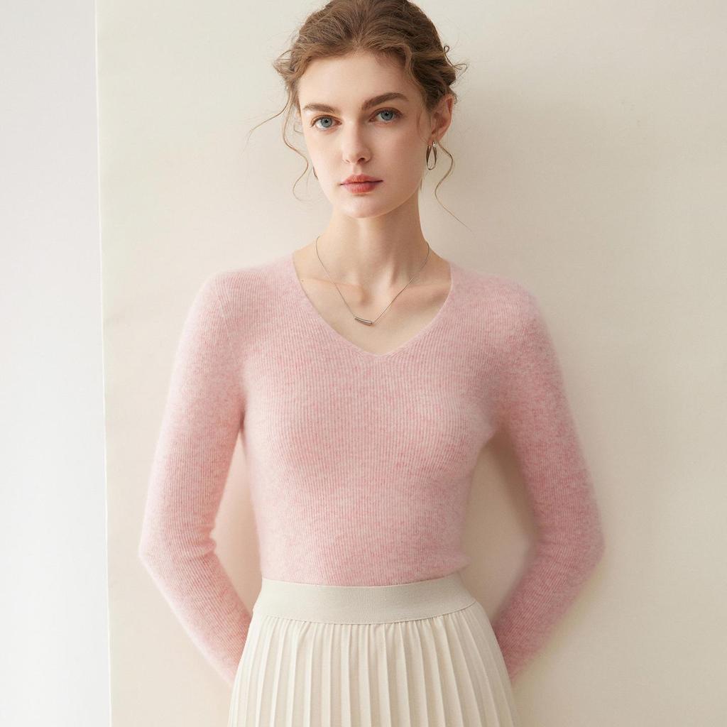 Women's Seamless V-Neck Ribbed Cashmere Sweater - Slim Fit Base Layer for Autumn/Winter