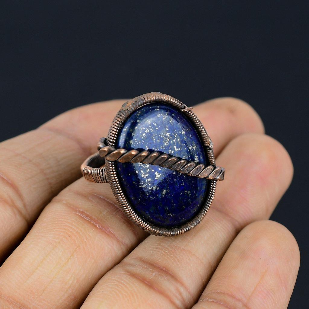 Lapis Lazuli Gemstone Copper Wire Wrapped Handmade Jewelry Ring For Her