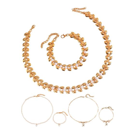 2Pcs/Set Women Necklace Bracelet Faux Pearl Decor Geometric Design Adjustable Length Rose Golden Necklace Wristband Set