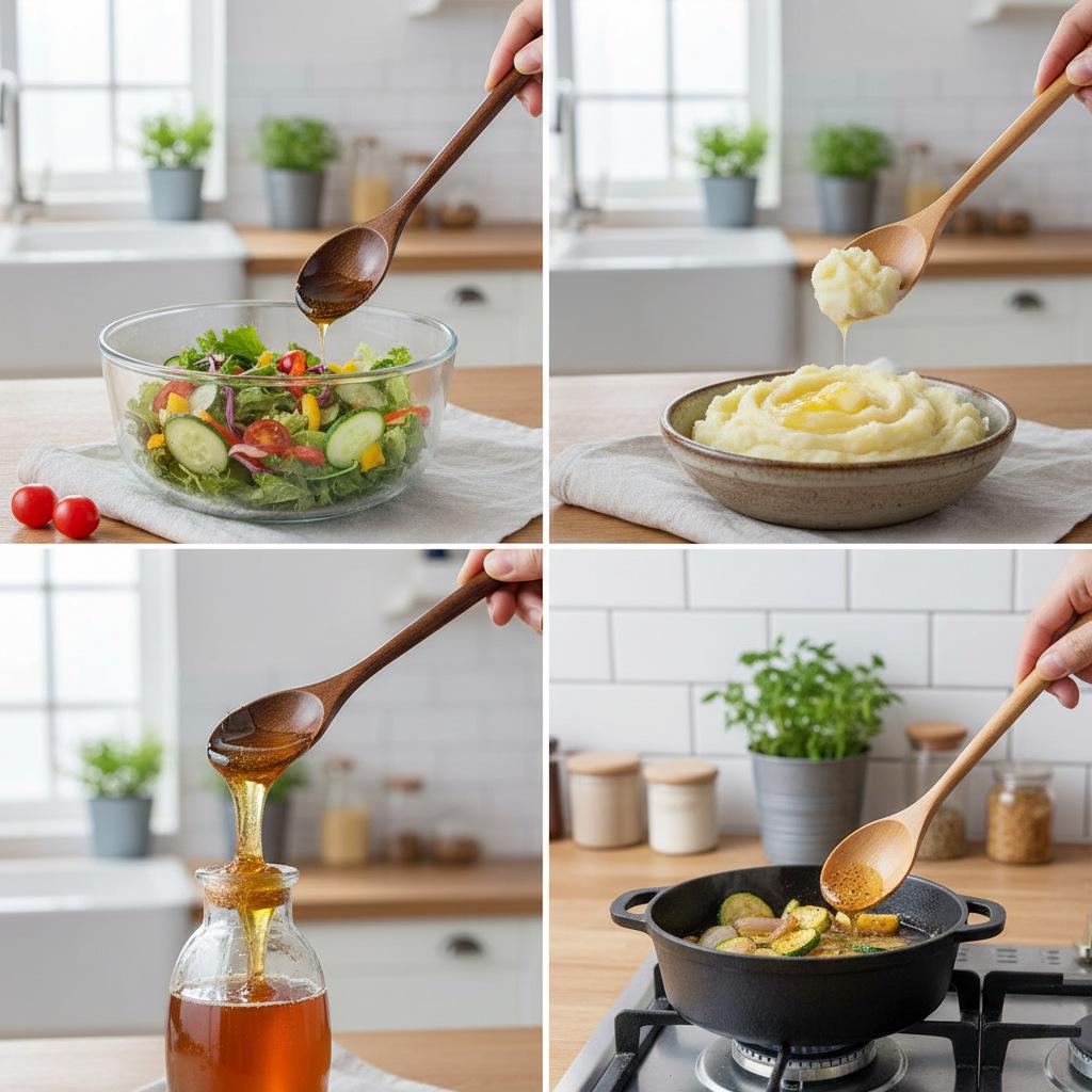 Japanese Style 23.5cm Wooden Spoon with Long, Half-Round Handle for Cooking and Stirring