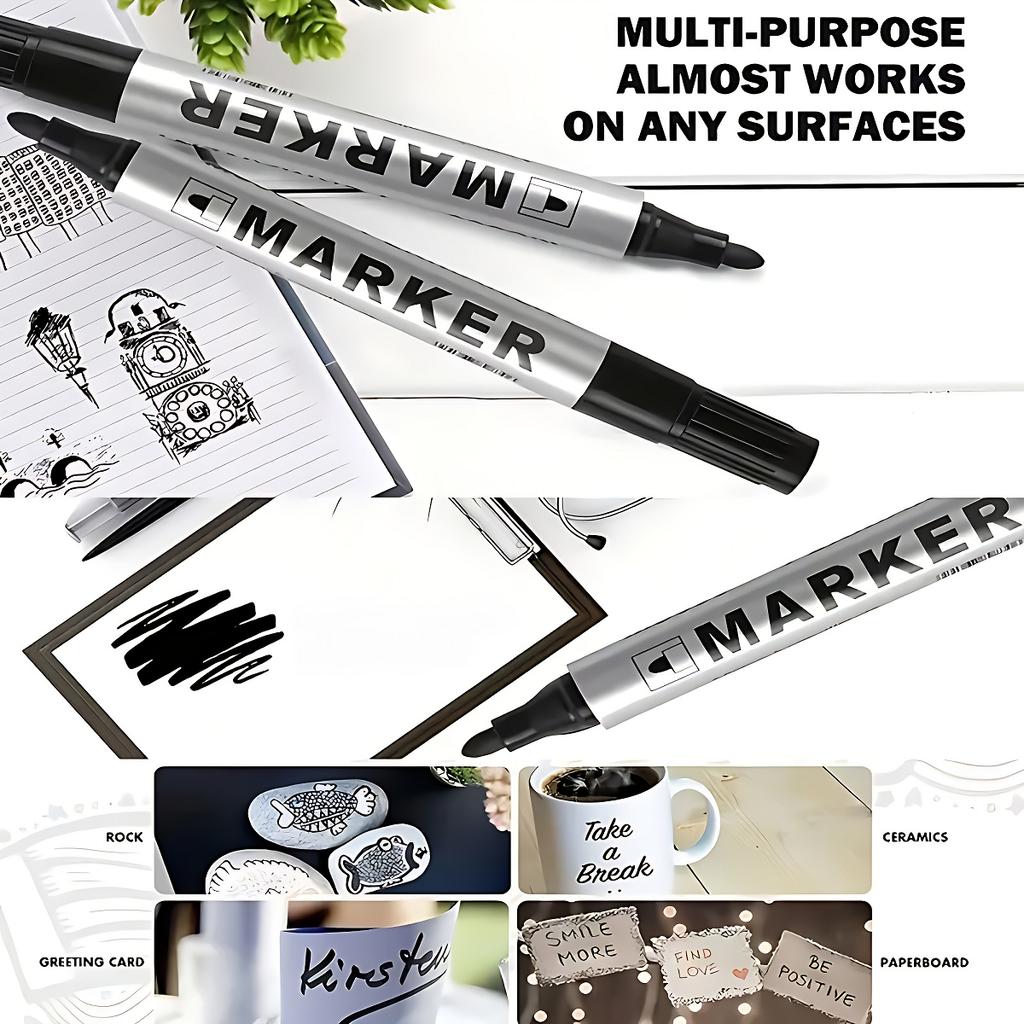 12pcs Black Permanent Oil-Based Markers - Quick Dry, Waterproof, Round Tip