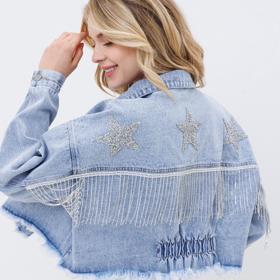 

Женская модная пригородная куртка в стиле ретро, ​​укороченная джинсовая куртка с кисточками и стразами S