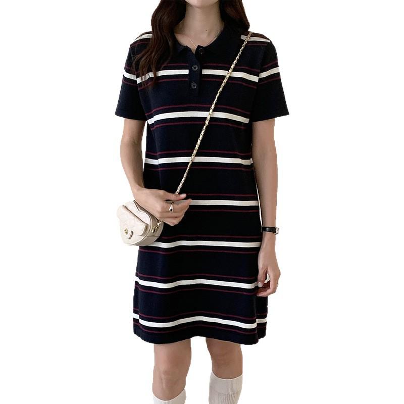 Women's Spring-Summer Striped Cotton Polo Dress - Color Block, Short Sleeve, Knit T-shirt.