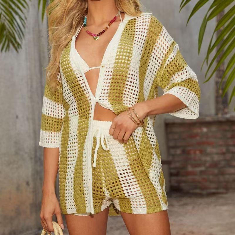 

Fashion Wind Sexy Openwork Knitted Top Shorts Suit Hollow out Top and Shorts Set Stripes S