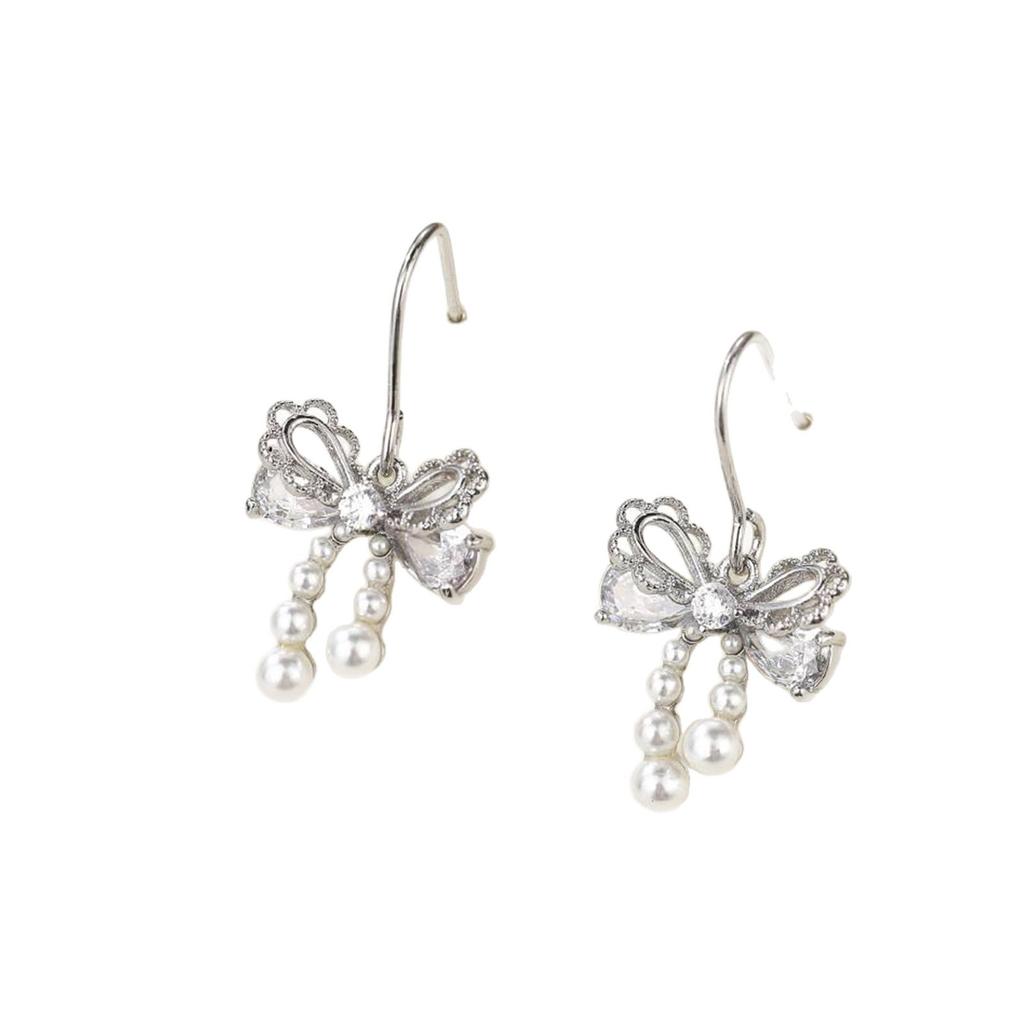 1011 New Trend Bow Pearl Tassel Ear Hook Niche Design Sweet Wind Earrings Gentle Temperament Earrings