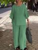 2024 Women's Cotton & Linen Casual Two-Piece Set with Seven-Sleeve Top & Wide-Leg Pants