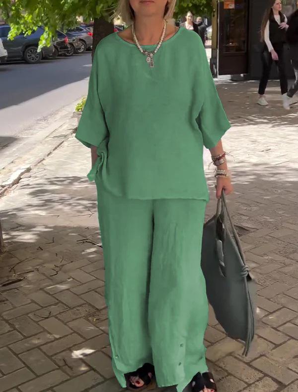 2024 Women's Cotton & Linen Casual Two-Piece Set with Seven-Sleeve Top & Wide-Leg Pants