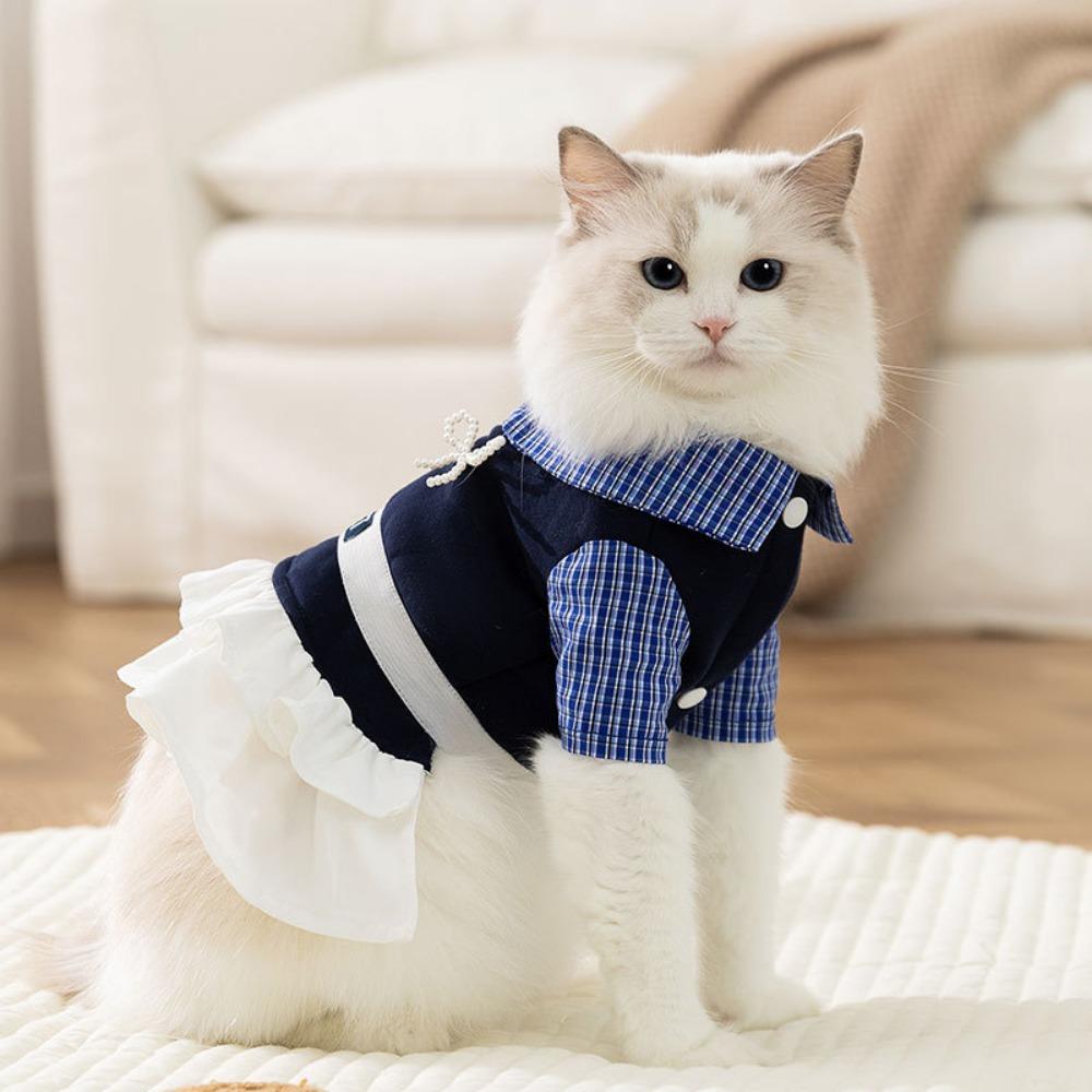 Pet Clothes College Style Plaid Shirt Skirt Couple Clothes Versatile German Hairless Cat Autumn and Winter Cat Clothes
