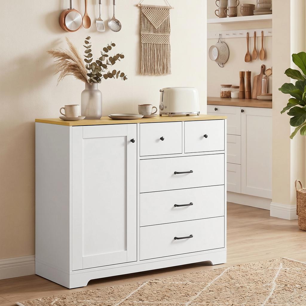 Kitchen Buffet, Storage Unit, 5 Drawers, Door, 100 x 40 x 94 cm, White