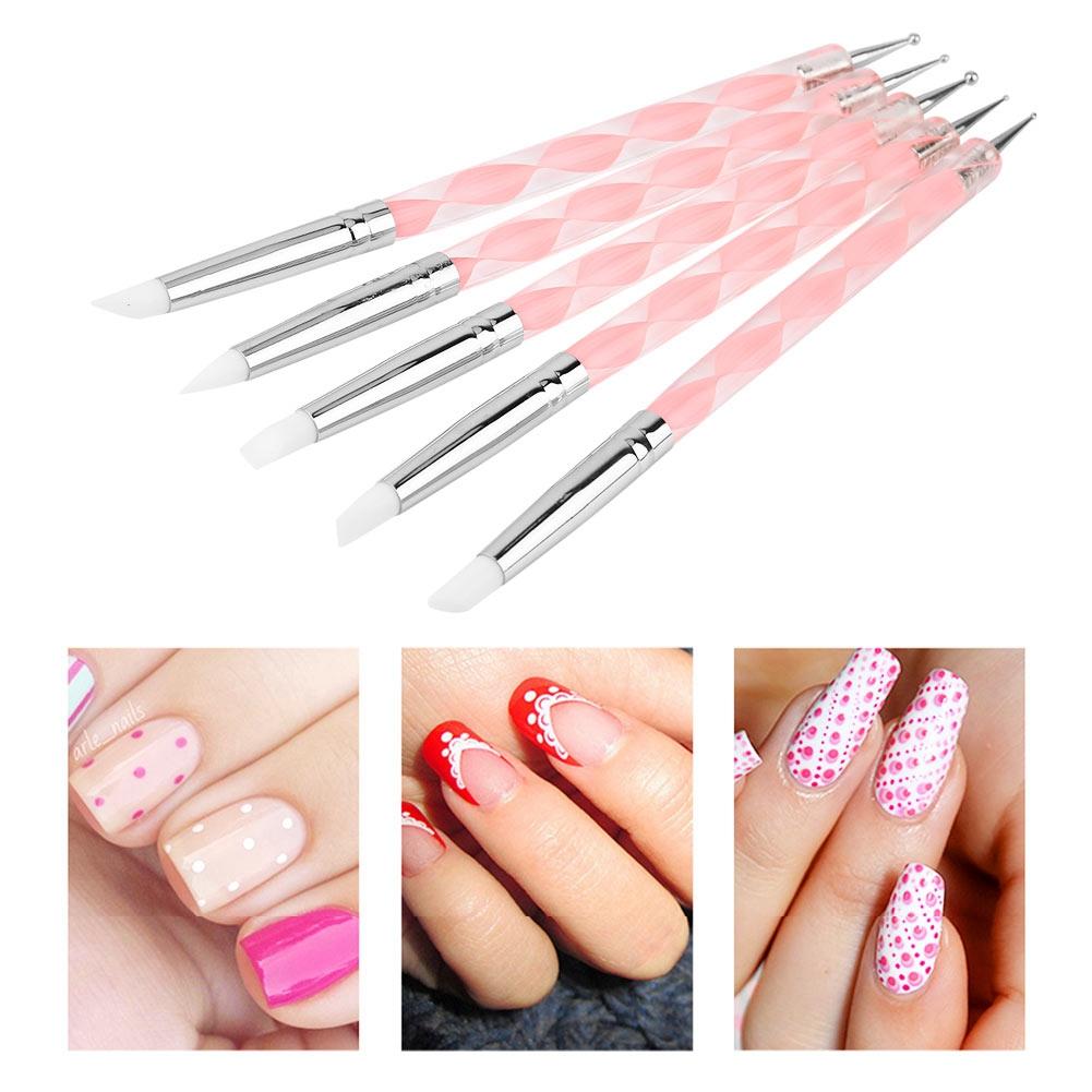 5pcs Double Head Clay Sculpting Tool Nail Pottery Silicone Dotting Brush Pen (Pink)