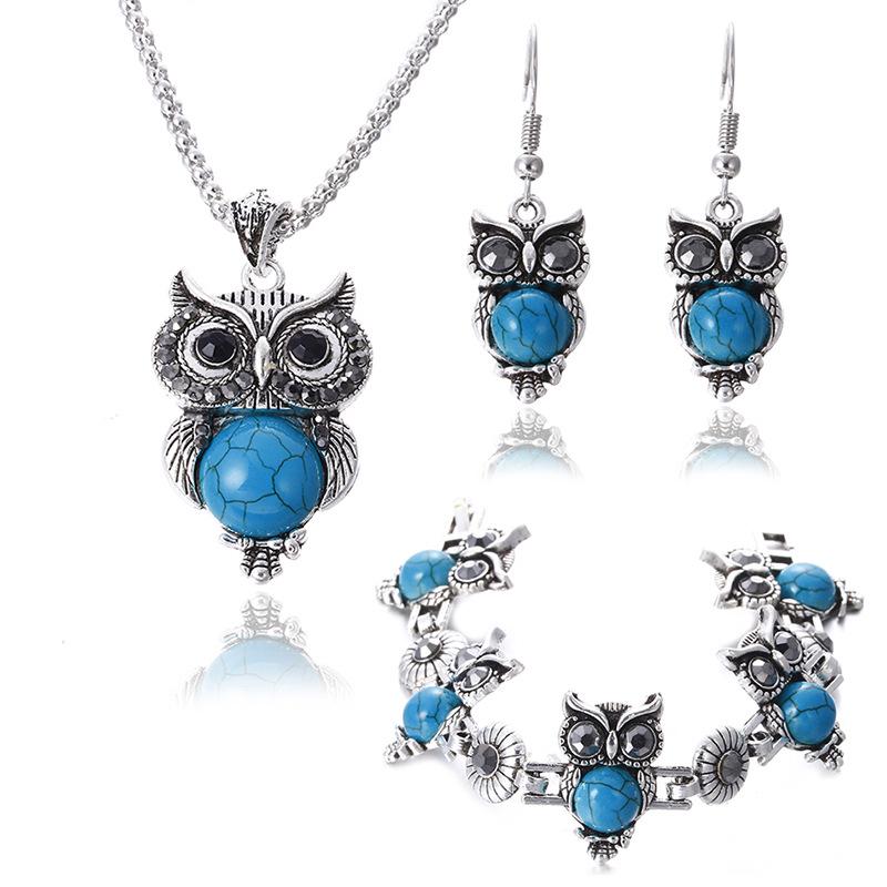 Metal Owl Turquoise Jewelry Set: Necklace, Earrings, and Bracelet - European & American Fashion