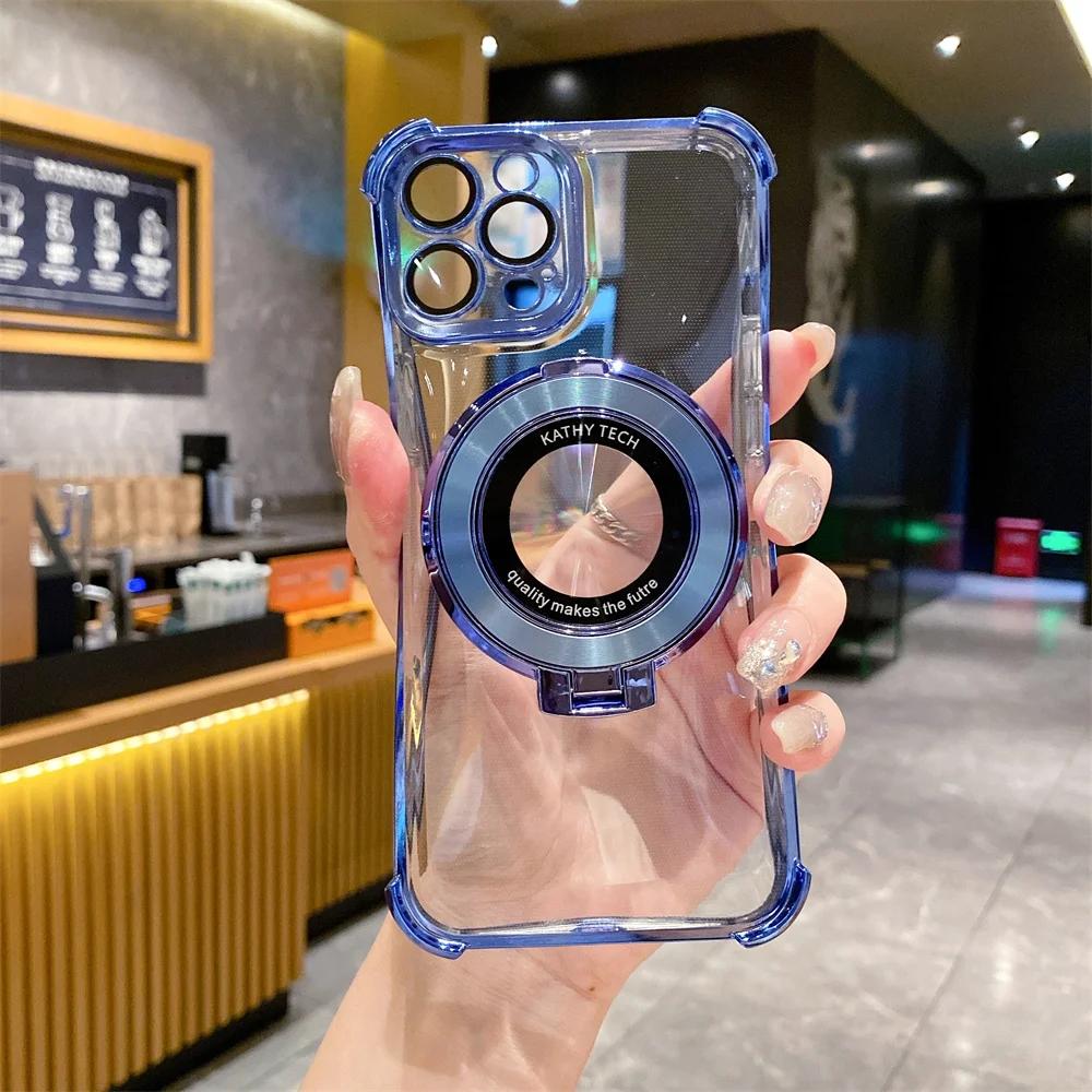 Shockproof Transparent Magnetic Bracket Case for iPhone 17 Air 16 15 14 13 12 11 Pro Max 15 16 Plus XS MAX 8 Samsung S25 S24 23 S22 S21 Ultra Plus FE