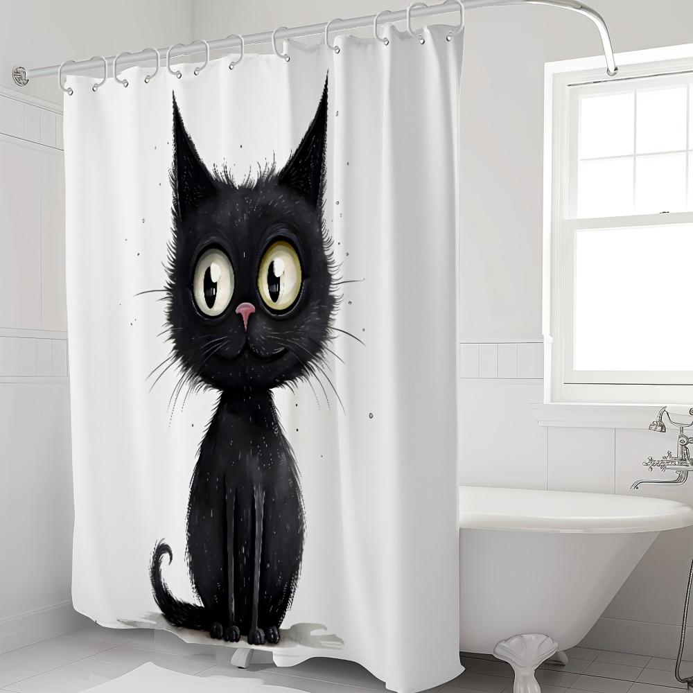 Waterproof Polyester Shower Curtain, Cartoon Black Cat Pattern - Animal Theme Bathroom Decor, With Hooks, Polyester Fabric