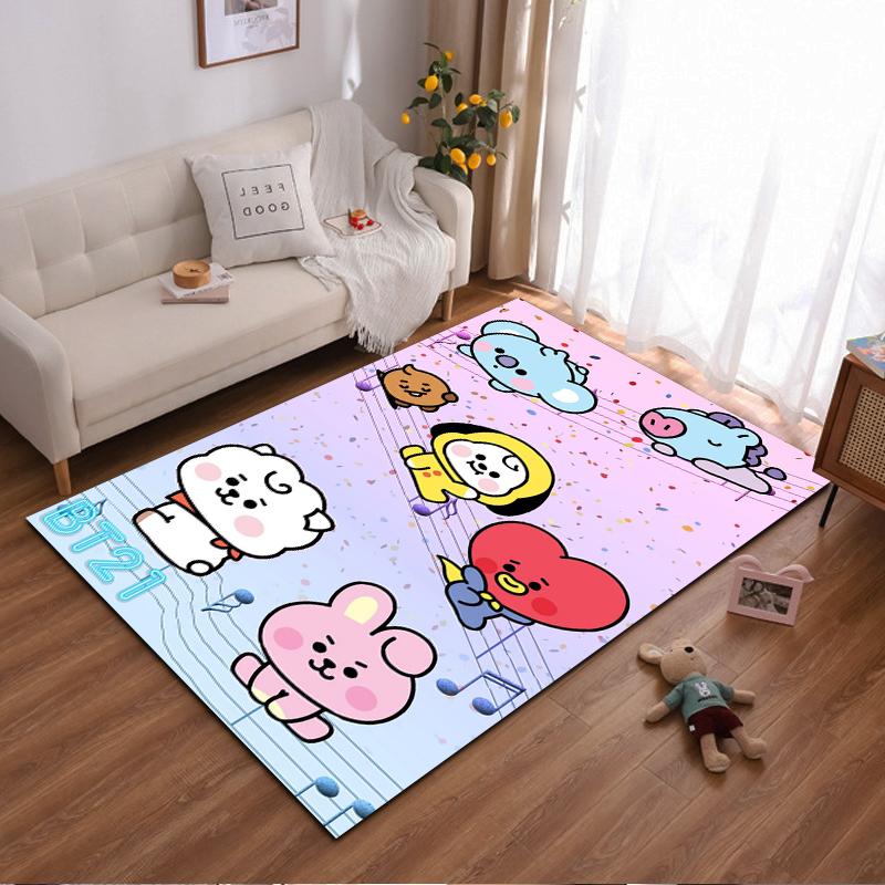 BT21 Cartoon Characters Carpet with Cute Animals On Colorful Design Suitable for Use As an Anti-slip for Living Room Bedroom Sofas