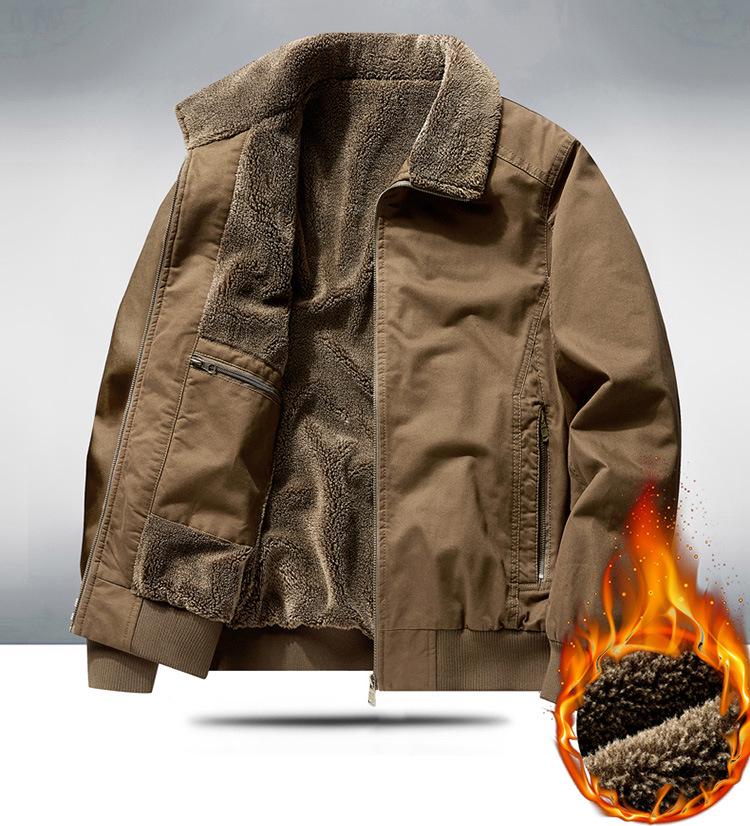 Men's Winter Plus Velvet Warm Cotton Workwear Jacket with Lapel for Cold Protection