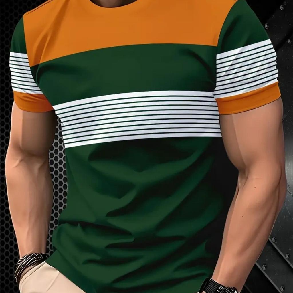Herren T-Shirt Sommer Mode Lässig Rundhals Kurzarm Oberteil Gestreift Bedruckte Kleidung