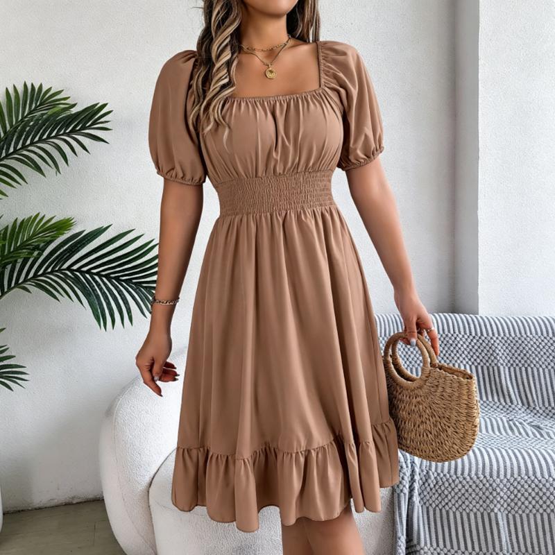 Women's Square Neck Puff Sleeve Midi Dress, Smocked Waist Ruffle Hem A-Line Casual Dress for Spring and Summer
