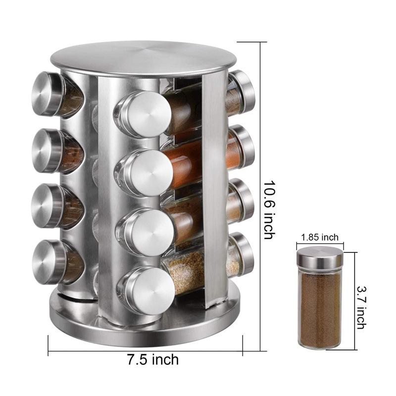 Revolving Spice Rack with 12/16/20 Jars, Rotating Seasoning Organizer with Labels, Stainless Steel Spice Carousel for Kitchen Countertop, Cabinet