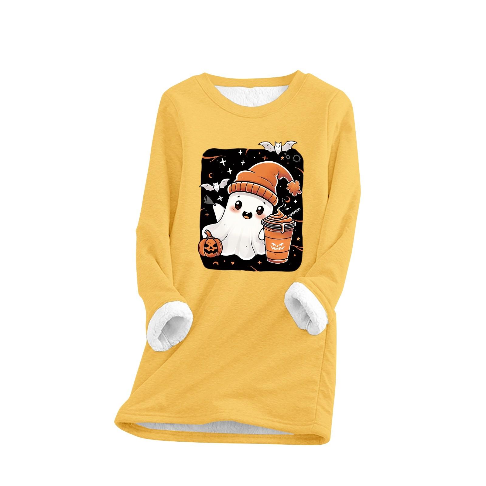 

Женский круглый вырез с принтом Хэллоуина, утолщенный плюшевый кашемировый теплый длинный топ L жёлтый