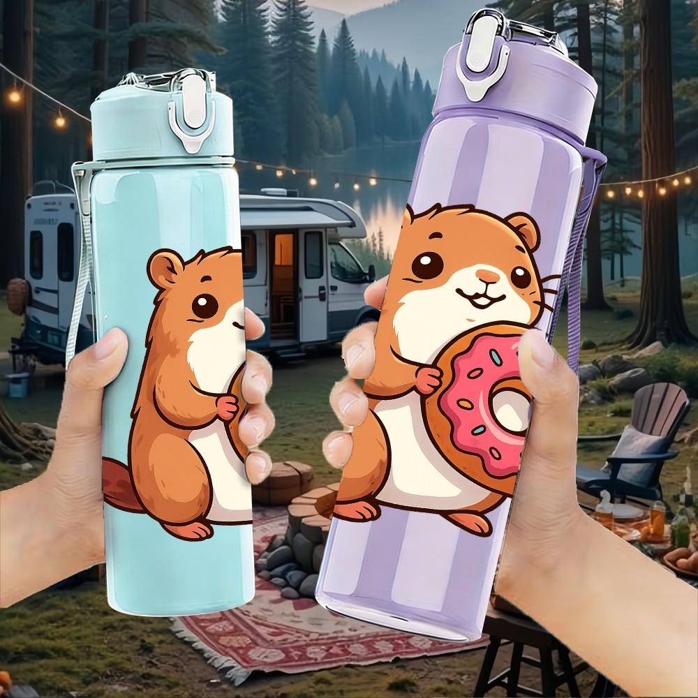 1PC Capybara Eat Donut Cute Pattern 750ml Color Plastic Sports Water Bottle Leakproof Flip Straw Lid Suitable for Sports Office Home Use