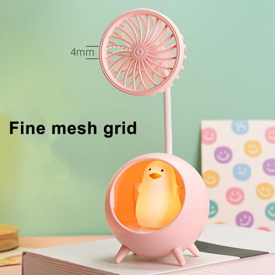 Desk Lamp Small Fan with Adjustable Bendable Pole Stable Base Quiet Motor Cartoon Chick Rabbit Design Dorm Room Fan Light