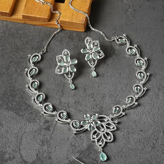 Rhodium-Plated American Diamond Studded Floral & Paisley Shaped Necklace With Earrings Jewellery Set For Girls and Women