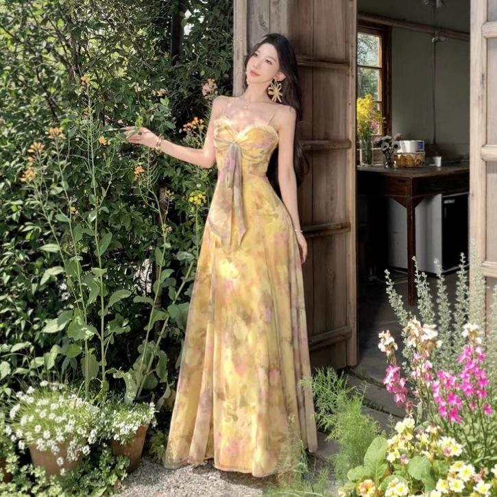 Wear an Oil Painting Dress, Floral Suspender, Waist Halter Dress, Island Beautiful Seaside Beach Dress