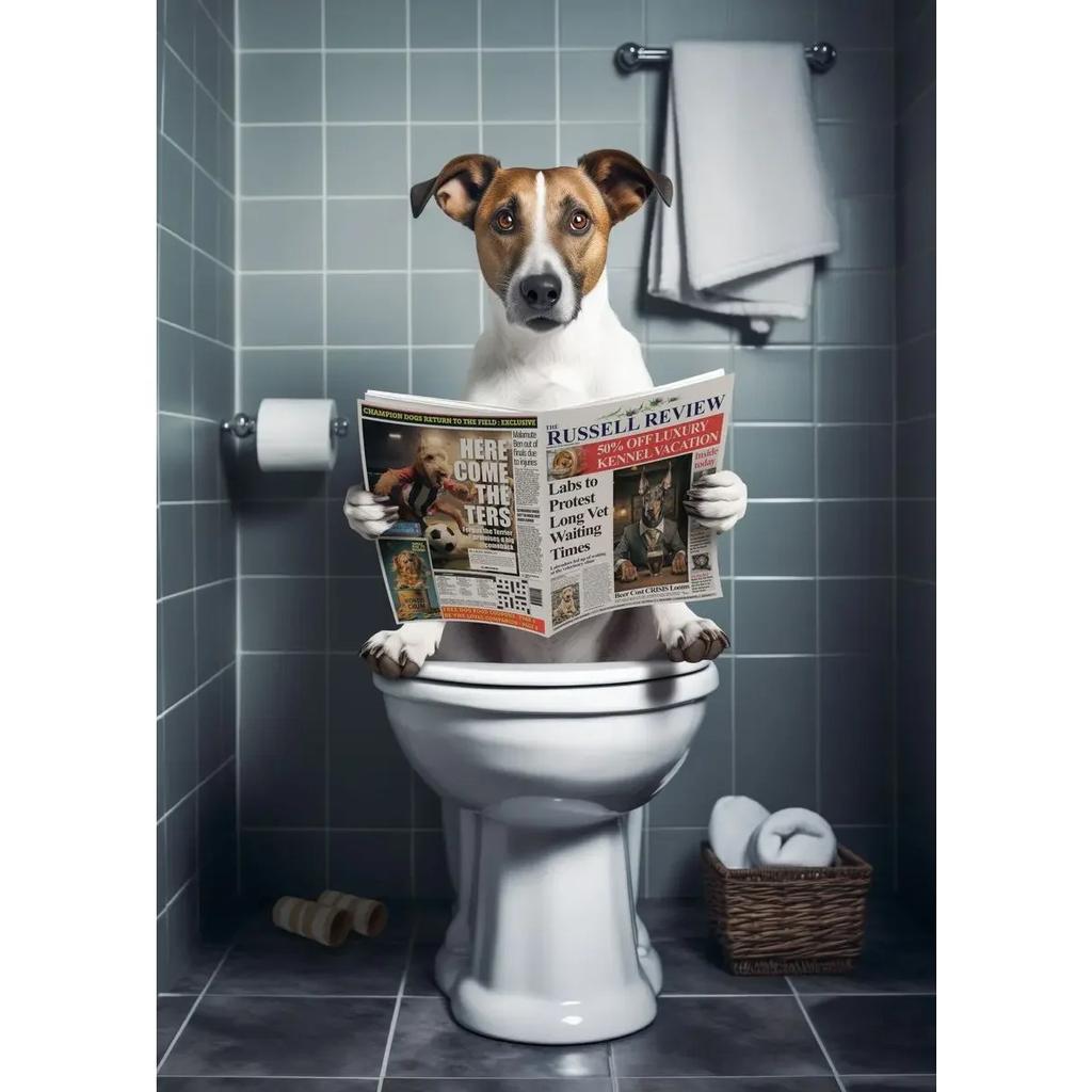 Dog Monkey Highland Cow Sitting on The Toilet Reading Newspaper Poster Animal Print Canvas Painting Funny Bathroom Wall Decor