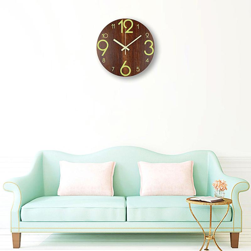 Round Luminous Wall Clock Glow In Dark Wooden Silent NonTicking Modern Style for Bedroom Decor