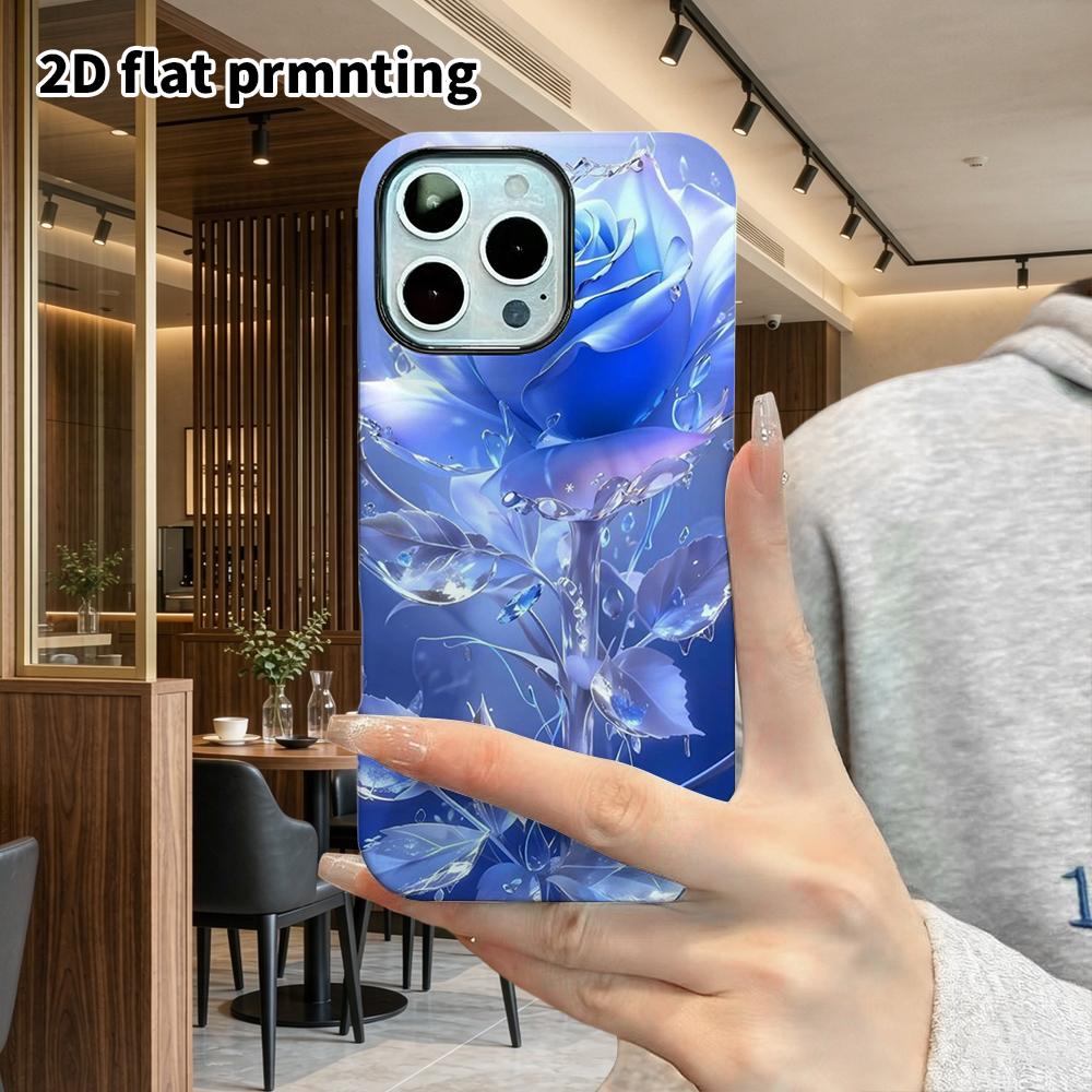 Phone Case: 2D Flat Design Suitable for iPhone 18, 17, 16, 15, 14, 13 Pro Film Protective Case, Couple Style, Crystal Blue Rose, Christmas and Hallowe