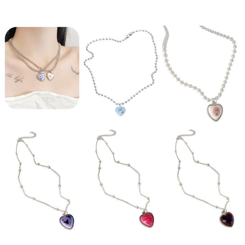 Colorful Butterfly Rabbit Collar Chain Cute Heart Pendant Necklace for Girls Sweet Heart Clavicle Chain Jewelry Women