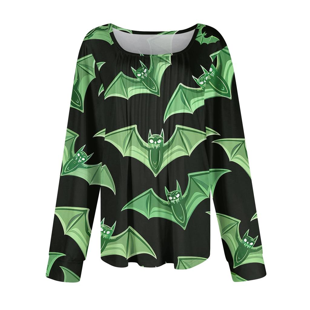 Women's Casual Fashion Long Sleeve Print Pleated Round Neck Shirt Casual Tops