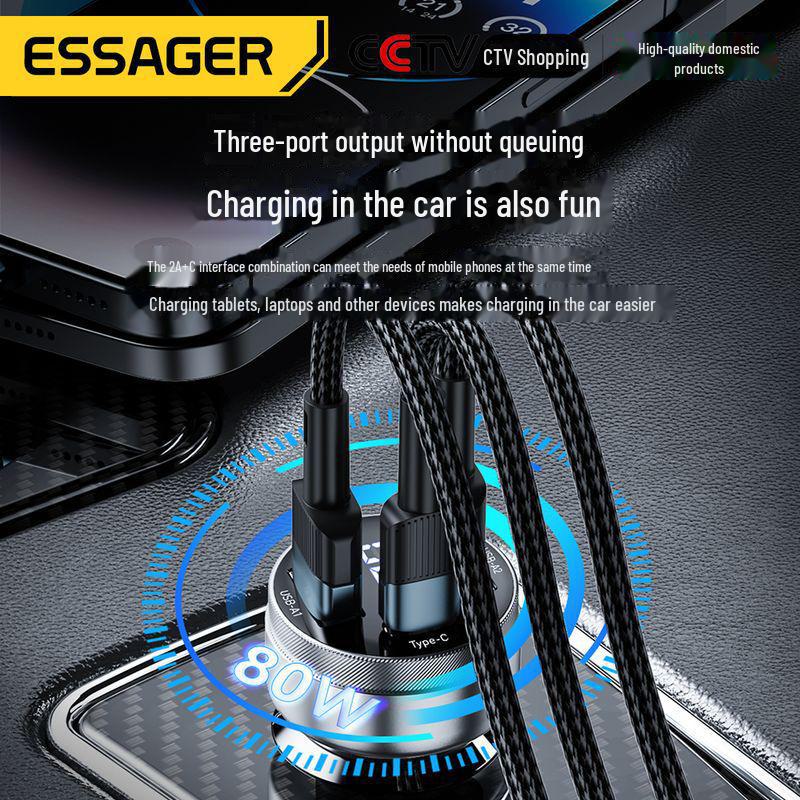 ESSAGER PD80W Fast Charge Car Charger with Digital Display for Apple Notebooks