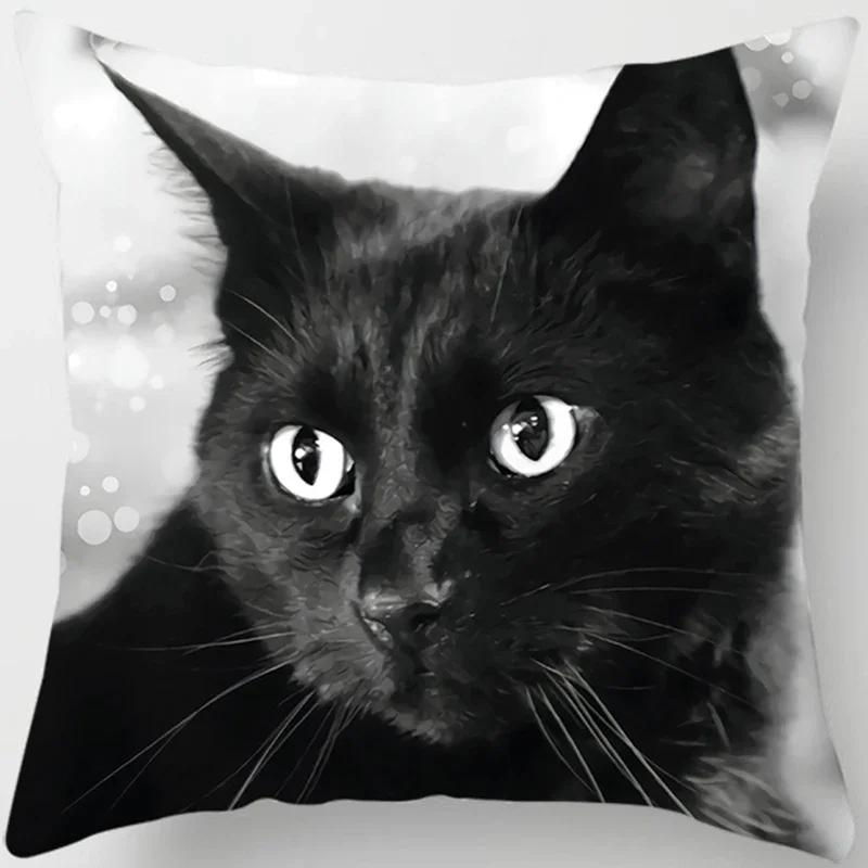 Decoracin Del Hogar Funda De Almohada De Gato Negro Impresin Decorativa Funda De Cojín De Sof De Coche Cuadrado En Forma Peach skin 18*18(CM)-1Pcs