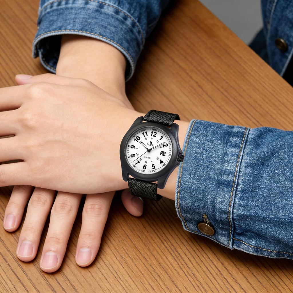 BUREI Herren Quarzuhr Analog, Schlichtes Design, Datumsanzeige, Wasserdicht, Leuchtend, Leicht, Schwarz, Silikagel-Armband, Unisex, Stilvoll, Lässig,