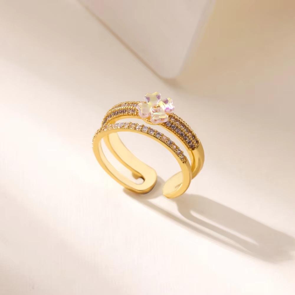 Light luxury high-end full diamond design exquisite flower stainless steel ring fashionable versatile niche design open ring