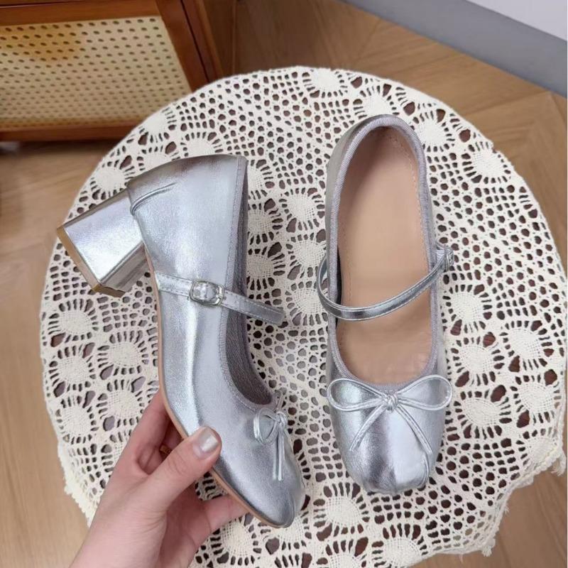 Inner Height Increase 9CM Silver Mary Jane Shoes Women's Thick Heel Single Shoes Small Size 33 Small Ballet High Heels