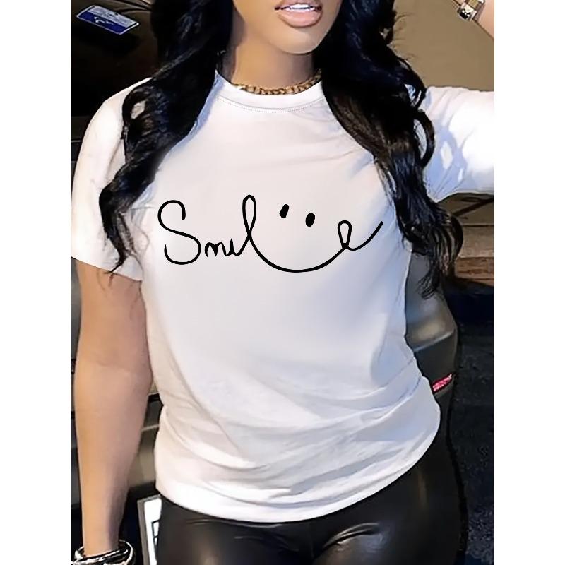 

Women s Crew Neck T-Shirt Smile Graphic Geometric Pattern Knit Short Sleeve Breathable All-Season Casual Top 4XL білий