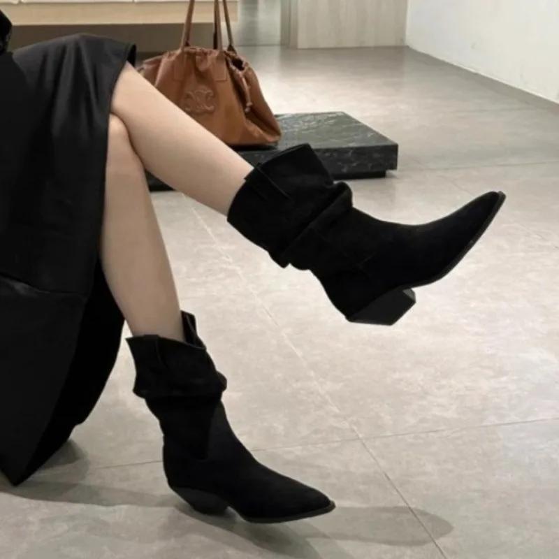 Zamszowe Damskie Kozaki do Połowy Łydki Jednokolorowe na Średnim Obcasie Modne Zimowe Nowe Damskie Szpiczaste Palce Uniwersalne Plisowane Kozaki Modowe